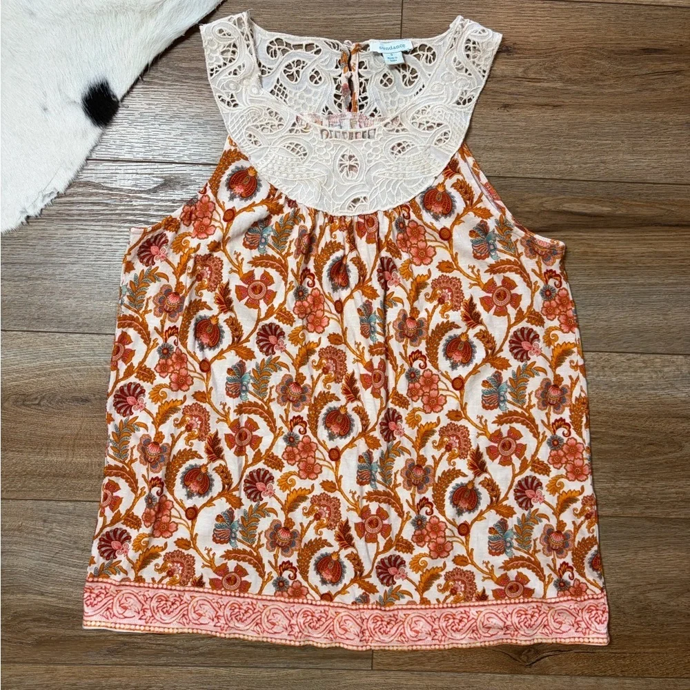 Sundance Catalog Orange Paisley Lace Yoke Sleeveless croquette boho Top